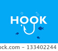Hook Word Logo Design with Fishing Hook and Small Fishes Under Water 133402244