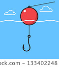 Minimalist Fishing Hook and Red Bobber Line Under The Water Surface 133402248
