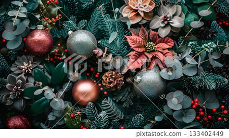 Natural Christmas decorations with dark wood and pine cones 133402449