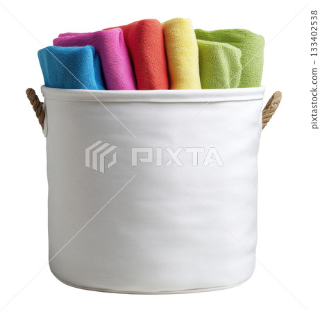 White Storage Basket Colorful Towels 133402538