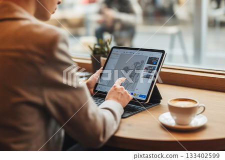 Lifestyle photo of a creator working on a design project using a tablet in a cafe 133402599