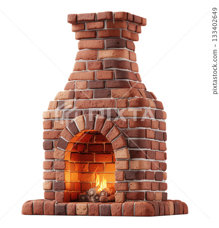 Traditional Brick Fireplace with Glowing Fire 133402649