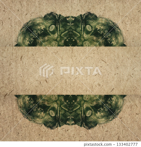 Vintage kraft paper background with symmetrical green watercolor abstraction. Textured handmade surface, suitable for decorative layouts, creative design projects and craft-style compositions 133402777