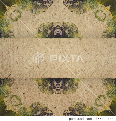 Artistic vintage kraft paper background with textured decorative border, subtle symmetrical design and hand-crafted retro aesthetic for creative projects, elegant layouts and nostalgic compositions 133402778