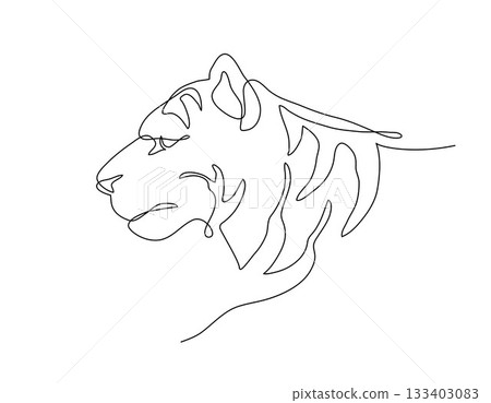 Tiger portrait side face, Continuous line art drawing style, Design template linear minimal style. Vector illustration. Tiger portrait side face, Continuous line art drawing style, Design template linear minimal style. Vector illustration. 133403083