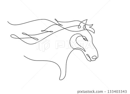 Horse portrait side face, Continuous line art drawing style, One line art animal, Design template linear minimal style. Drawing isolated on white background. Vector design illustration. 133403343