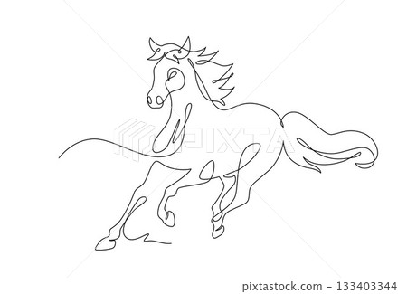 Horse portrait running, Continuous line art drawing style, One line art animal, Design template linear minimal style. Drawing isolated on white background. Vector design illustration. 133403344