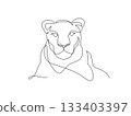 Lioness head continuous line drawing. Front view single linear decorative design concept. Lion abstract linear minimal style, Hand drawn isolated on white background. Vector design illustration. 133403397
