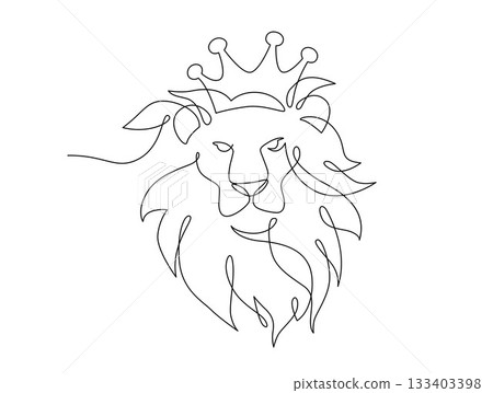Continuous line drawing of lion head wearing a crown. Front view single linear decorative design concept. Lion abstract linear minimal style, Hand drawn isolated on white background. Vector. 133403398