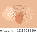 Lioness head continuous line drawing. Front view single linear decorative design concept. Color abstract minimal style, Hand drawn isolated on brown background. Vector design illustration. 133403399
