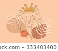 Lion head continuous line drawing. Front view single linear decorative design concept. Color abstract minimal style, Hand drawn isolated on brown background. Vector design illustration. 133403400