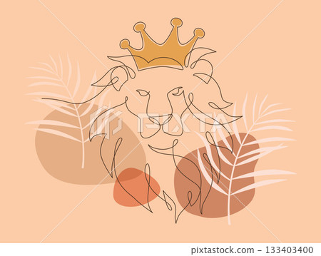 Lion head continuous line drawing. Front view single linear decorative design concept. Color abstract minimal style, Hand drawn isolated on brown background. Vector design illustration. Lion head continuous line drawing. Front view single linear decorative design concept. Color abstract minimal style, Hand drawn isolated on brown background. Vector design illustration. 133403400