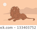 Continuous line drawing sitting lion. Front view single linear decorative design concept. Color abstract minimal style, Hand drawn isolated on brown background. Vector design illustration. 133403752