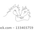 Two horse face portrait, Continuous line art drawing style, One line art animal, Design template linear minimal style. Drawing isolated on white background. Vector design illustration. 133403759