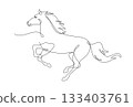 Continuous line drawing horse running, Side view single linear decorative design concept. Horse linear minimal style, Hand drawn isolated on white background. Vector design illustration. 133403761