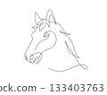 Continuous line drawing horse portrait face, Side view single linear decorative design concept. Horse linear minimal style, Hand drawn isolated on white background. Vector design illustration. 133403763