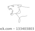 Lioness roaring portrait side face, Continuous line art drawing style, Design template linear minimal style. Hand drawn isolated on white background. Vector design illustration. 133403803