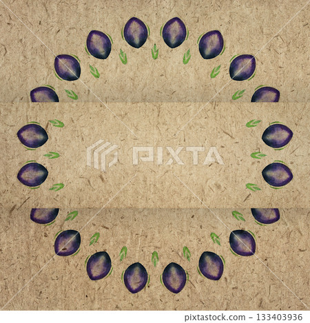 Purple watercolor decorative elements arranged in circular frame on vintage recycled paper background, textured rustic surface with handmade aesthetic for creative design and retro style decorations Purple watercolor decorative elements arranged in circular frame on vintage recycled paper background, textured rustic surface with handmade aesthetic for creative design and retro style decorations 133403936