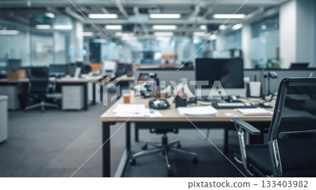 Abstract blurred office interior room. The sleek and modern office furniture, with a desk cluttered with papers and a state-of-the-art computer 133403982