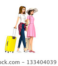 Two smiling women traveling. 133404039