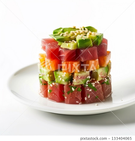 Tuna, avocado and salmon creative dish 133404065