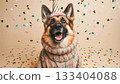 Cute dog with party hat on celebration background. 133404088
