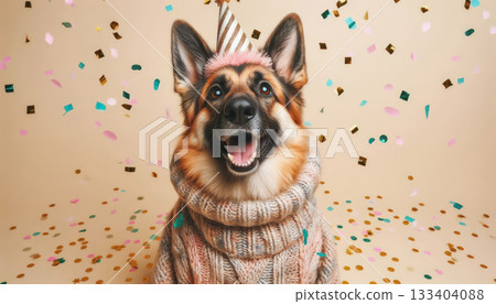 Cute dog with party hat on celebration background. 133404088