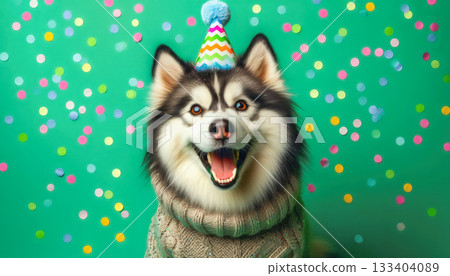Cute dog with party hat on celebration background. 133404089