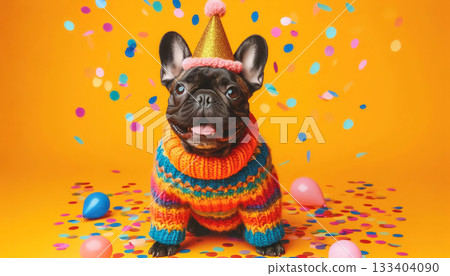 Cute dog with party hat on celebration background. 133404090