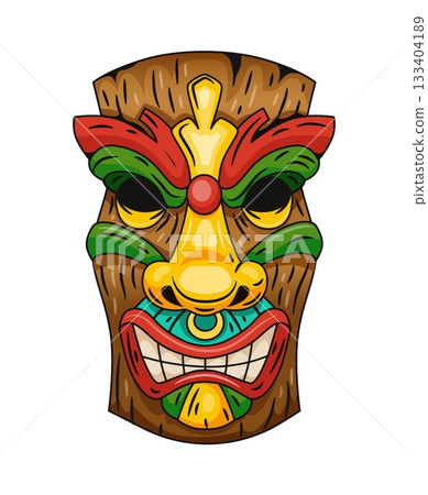 Aboriginal mask. Tiki Hawaiian totem, wooden statue face, Polynesian culture, exotic tropical ethnic idol. Ritual traditional symbol. Vector cartoon flat isolated on white background illustration 133404189
