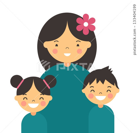 Mothers day. Happy family holiday. Smiling people. Cute mother standing with daughter and son. Cheerful Asian mom and children. Parents love kids. Chinese girl and boy. Vector portrait illustration Mothers day. Happy family holiday. Smiling people. Cute mother standing with daughter and son. Cheerful Asian mom and children. Parents love kids. Chinese girl and boy. Vector portrait illustration 133404199