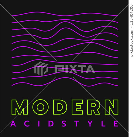 Y2k design banner. Rave poster. Modern acid style. Graphic equalizer. Neon geometric wave. Retro music waveform. Futuristic shapes. Dynamic distorted lines. Beat rhythm pulse. Vector abstract card 133404206