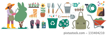 Floral gardening set. Agriculture, landscape with trees, fruits, and plants. Garden tools and food for summer. Character woman farmer trims bush with pruning shears. Vector cartoon isolated elements 133404210