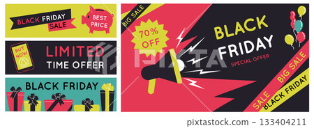 Black Friday promotion. Online sale, horizontal marketing banner set. Discounted price. Business advertisement. Megaphone special offer, smartphone flat style emblems. Vector design promo poster 133404211