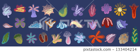 Abstract texture figure. Shape gradient effect. Hand-drawn floral form. Noisy organic object. Decorative scribble. Modern childish doodle. Grainy color surface. Vector minimal graphic flat icons set 133404214