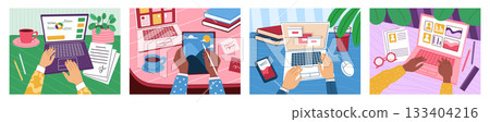 Laptop with hand. Computer screen at desk. Work in space, keyboard and pen. Home office with monitor notebook drawing. Workplace online. Fingers on buttons. Vector cartoon garish isolated illustration Laptop with hand. Computer screen at desk. Work in space, keyboard and pen. Home office with monitor notebook drawing. Workplace online. Fingers on buttons. Vector cartoon garish isolated illustration 133404216