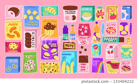 Food snack package. Candy wrap. Chocolate bars in grocery packaging. Biscuit cake packet. Drink can. Brand design wrappers. Tasty fastfood pack. Vending machine merchandise. Vector sweet garish set 133404222