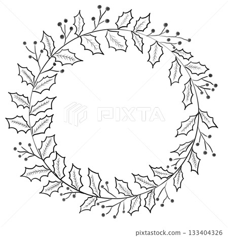 Black and white Christmas wreath hand-drawn 133404326