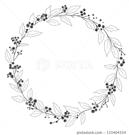 Black and white Christmas wreath hand-drawn Black and white Christmas wreath hand-drawn 133404334