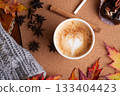 autumn cozy and warm composition with coffee at wooden table. life style concept. flat lay 133404423
