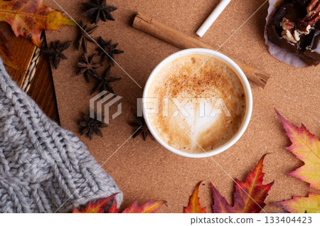 autumn cozy and warm composition with coffee at wooden table. life style concept. flat lay autumn cozy and warm composition with coffee at wooden table. life style concept. flat lay 133404423