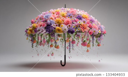 Floral Umbrella. An umbrella adorned with cascading colorful flowers Floral Umbrella. An umbrella adorned with cascading colorful flowers 133404933