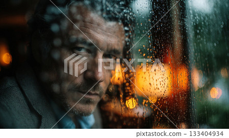 Contemplation by the Window. A man gazes through a rain-streaked window 133404934