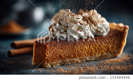 Pumpkin Pie Slice. Close-up of a pumpkin pie slice topped with whipped cream Pumpkin Pie Slice. Close-up of a pumpkin pie slice topped with whipped cream 133404936