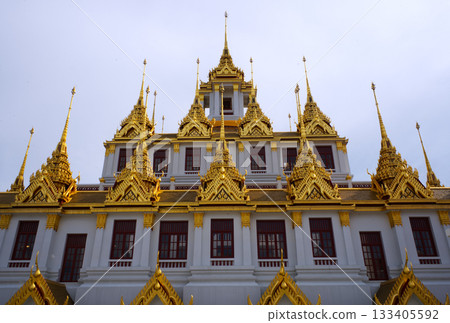 Front view of Loha Prasat Metal Palace in Wat Ratchanatdaram, Bangkok Thailand Front view of Loha Prasat Metal Palace in Wat Ratchanatdaram, Bangkok Thailand 133405592