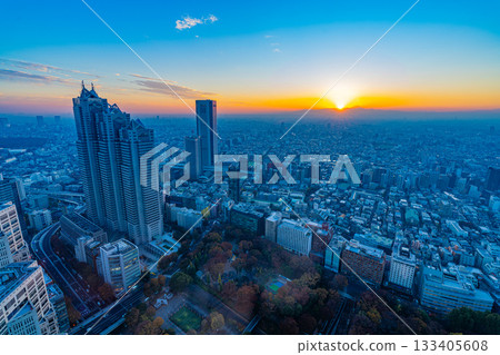 [Tokyo] Twilight in Nishi-Shinjuku Skyscraper District, Distant View of Mt. Fuji 133405608