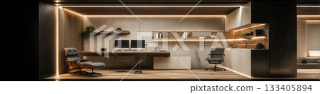 Luxury Modern Office Interior Design with Warm Lighting and Furniture 133405894