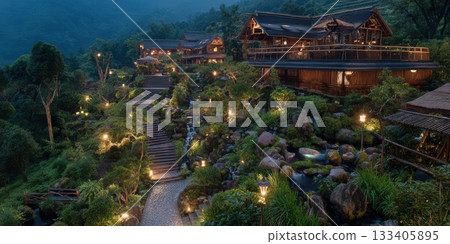 Luxury Mountain Retreat Illuminated Wooden Buildings and Lush Landscape 133405895