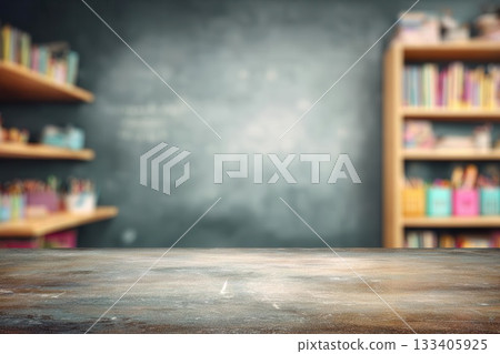 Wooden Surface With Blurred Bookshelves Backdrop 133405925