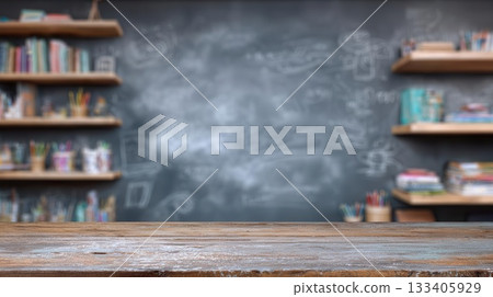 Classroom With Bookshelves and Wooden Tabletop 133405929